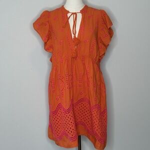 Dixie Italy Orange Eyelet Embroidered Dress Ruffle Sleeve Womens Size Medium